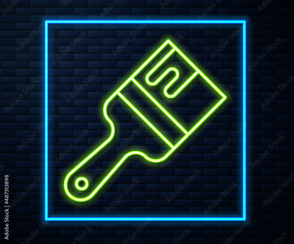 Glowing neon line Paint brush icon isolated on brick wall background. Vector Glowing neon line Paint brush icon isolated on brick wall background. Vector