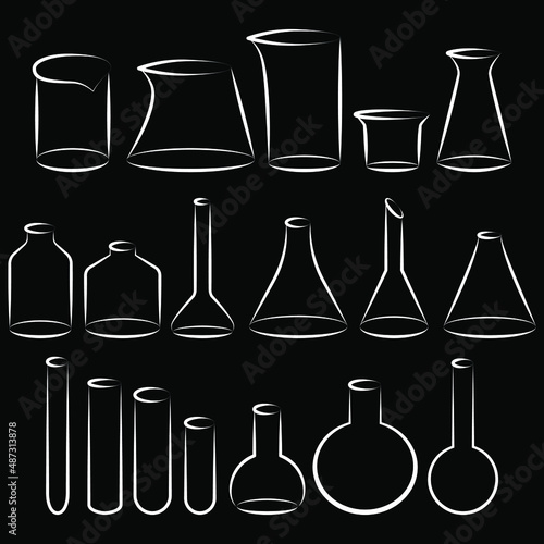 Set of different sizes  shapes and types of chemical test tubes vector icons set minimalist simple illustrations. Experiment chemical flasks for science isolated on white background.