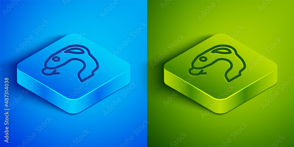Isometric line Snake icon isolated on blue and green background. Square button. Vector Isometric line Snake icon isolated on blue and green background. Square button. Vector
