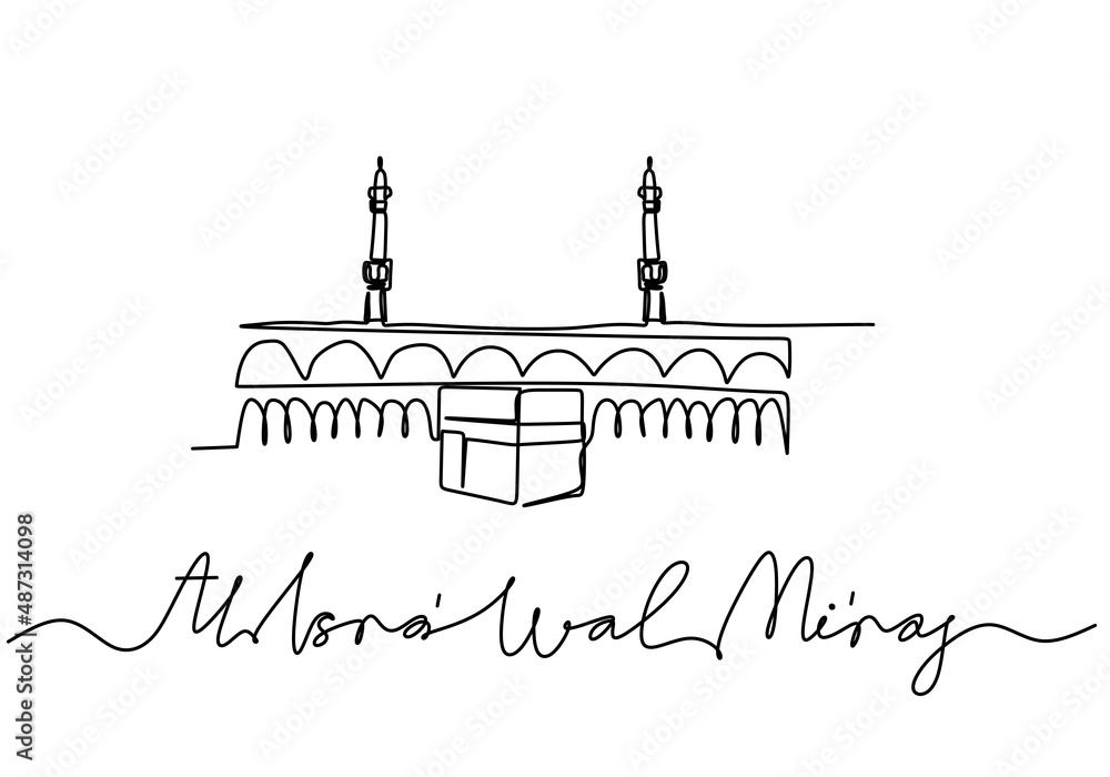 One continuous single line of big mosque with isra miraj word isolated on white background.