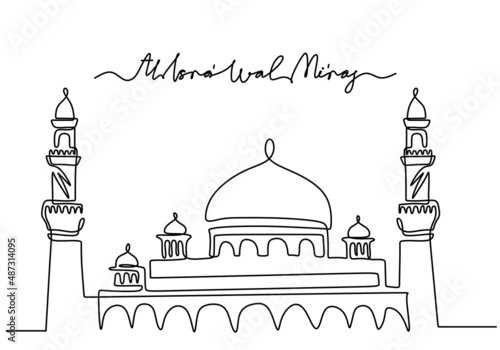 One continuous single line of big mosque with isra miraj word isolated on white background.