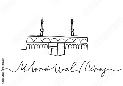 One continuous single line of big mosque with isra miraj word isolated on white background.