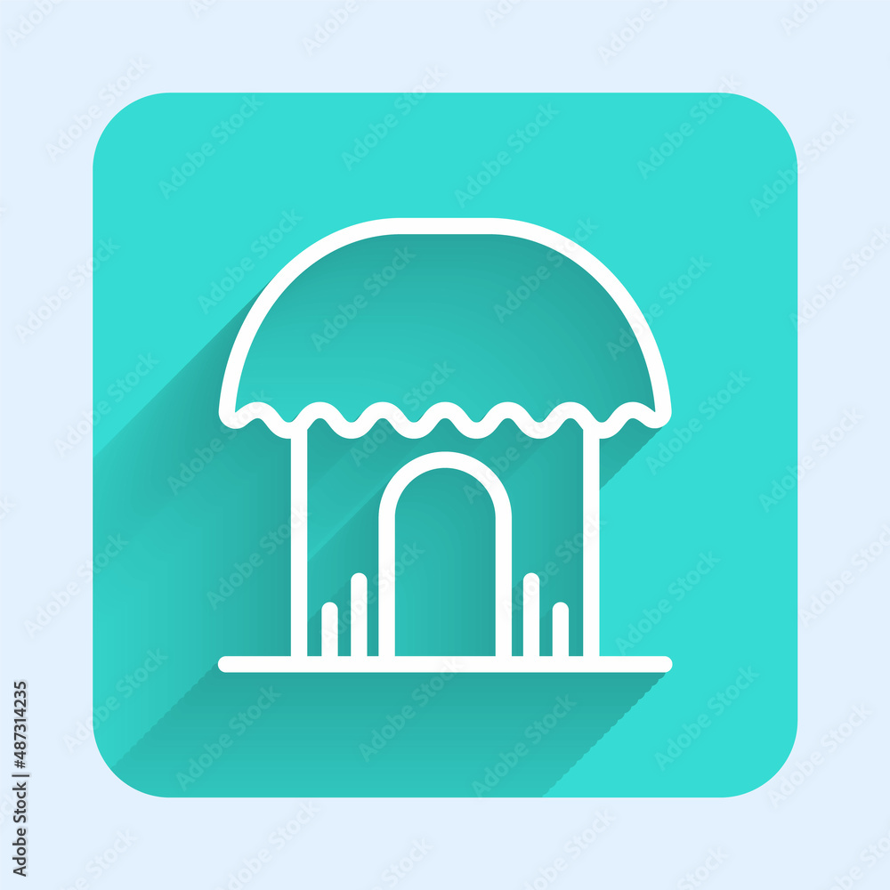 White line African hut icon isolated with long shadow background. African house symbol. Green square button. Vector White line African hut icon isolated with long shadow background. African house symbol. Green square button. Vector