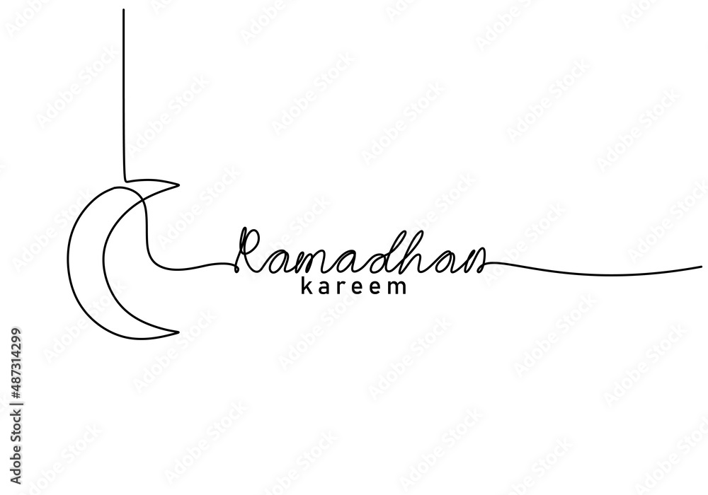 One continuous single line of ramadan kareem word with hanging moon isolated on white background. One continuous single line of ramadan kareem word with hanging moon isolated on white background.