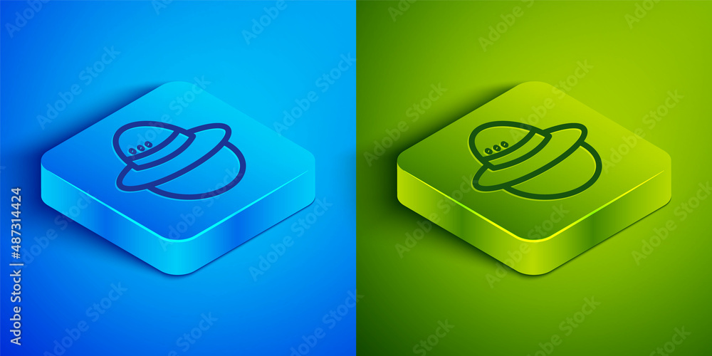 Isometric line Camping hat icon isolated on blue and green background. Beach hat panama. Explorer travelers hat for hunting, hiking, tourism. Square button. Vector Isometric line Camping hat icon isolated on blue and green background. Beach hat panama. Explorer travelers hat for hunting, hiking, tourism. Square button. Vector