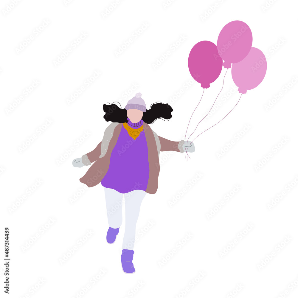 Girl, woman in winter clothes runs with balloons Girl, woman in winter clothes runs with balloons