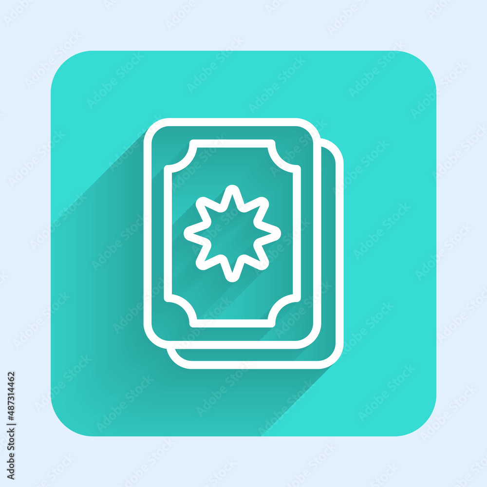 White line Tarot cards icon isolated with long shadow background. Magic occult set of tarot cards. Green square button. Vector White line Tarot cards icon isolated with long shadow background. Magic occult set of tarot cards. Green square button. Vector