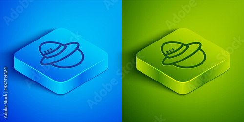 Isometric line Camping hat icon isolated on blue and green background. Beach hat panama. Explorer travelers hat for hunting, hiking, tourism. Square button. Vector