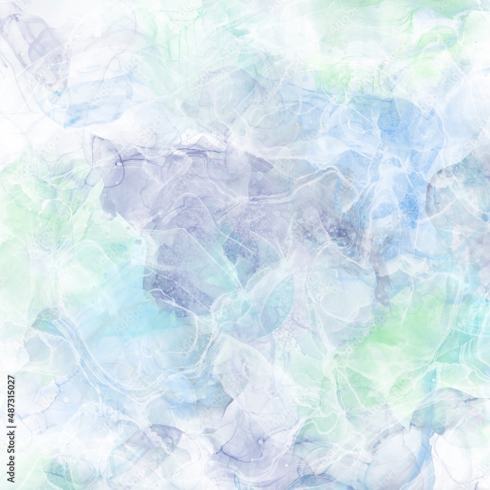 Obraz premium 春夏用アルコールインクアートの抽象背景）水色・黄緑・紫 正方形 マーブル 白 ロマンティック 爽やか