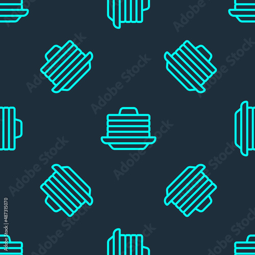 Green line Stack of pancakes with honey icon isolated seamless pattern on blue background. Breakfast concept. Vector