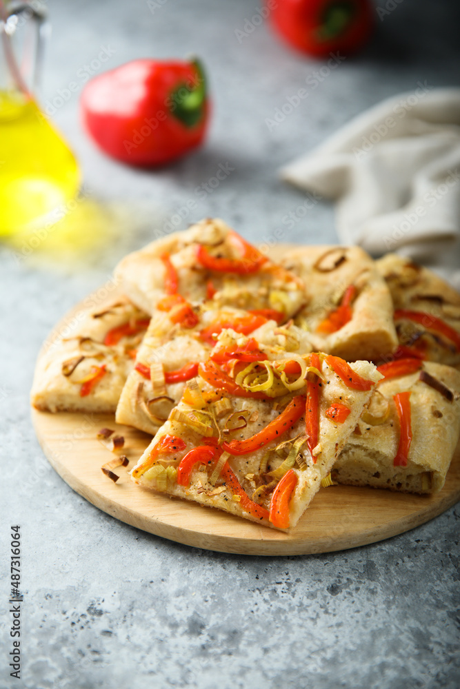 Traditional homemade focaccia bread with red pepper Traditional homemade focaccia bread with red pepper