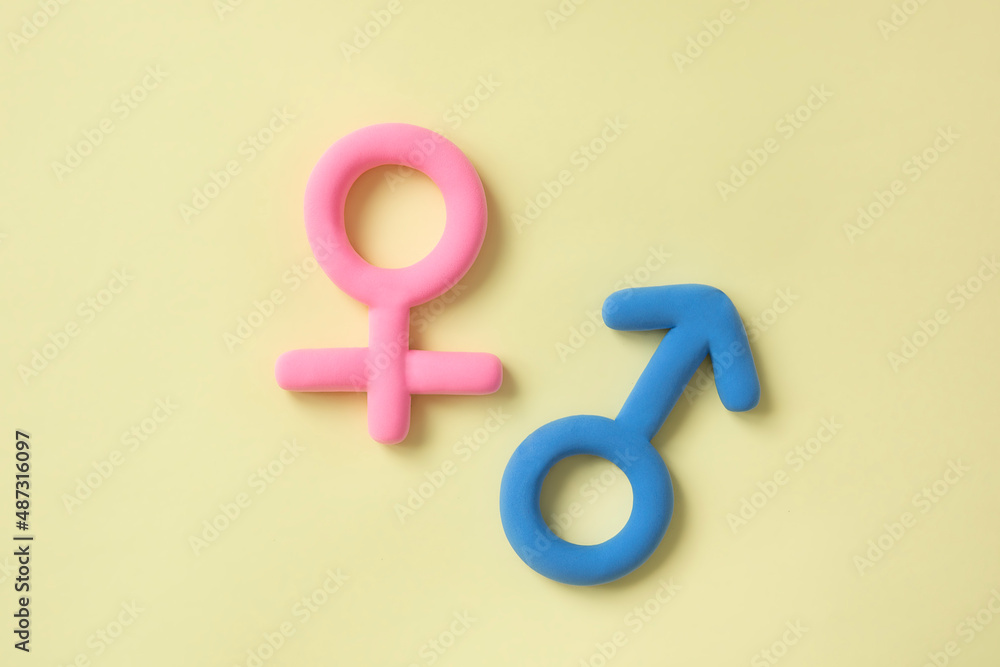 3d gender symbol pink and blue icon on yellow background. Concept of equality of man and woman,.differences between the sexes, dating topics. 3d gender symbol pink and blue icon on yellow background. Concept of equality of man and woman,.differences between the sexes, dating topics.