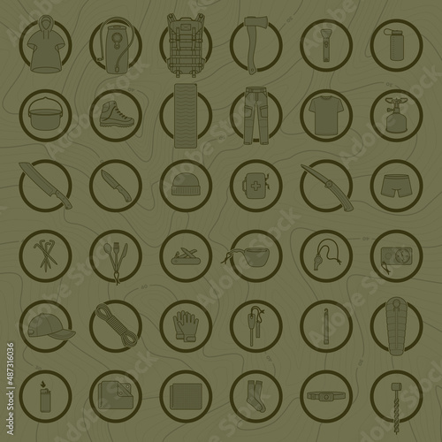 Vector vector set of outdoor equipment icons in circles. Green background.