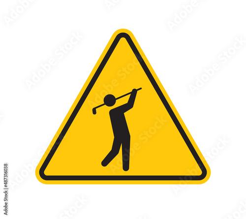 Vector yellow triangle sign - black silhouette golfer, sport symbol. Isolated on white background.
