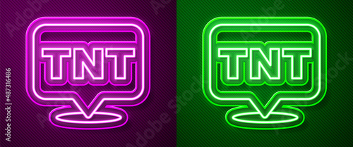 Glowing neon line Detonate dynamite bomb stick icon isolated on purple and green background. Time bomb - explosion danger concept. Vector