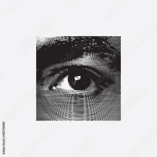 Abstract monochrome square banner with a wide-open human eye and an eyebrow in close-up, made of circles and stripes on a light background. Black and white vector illustration in retro style.