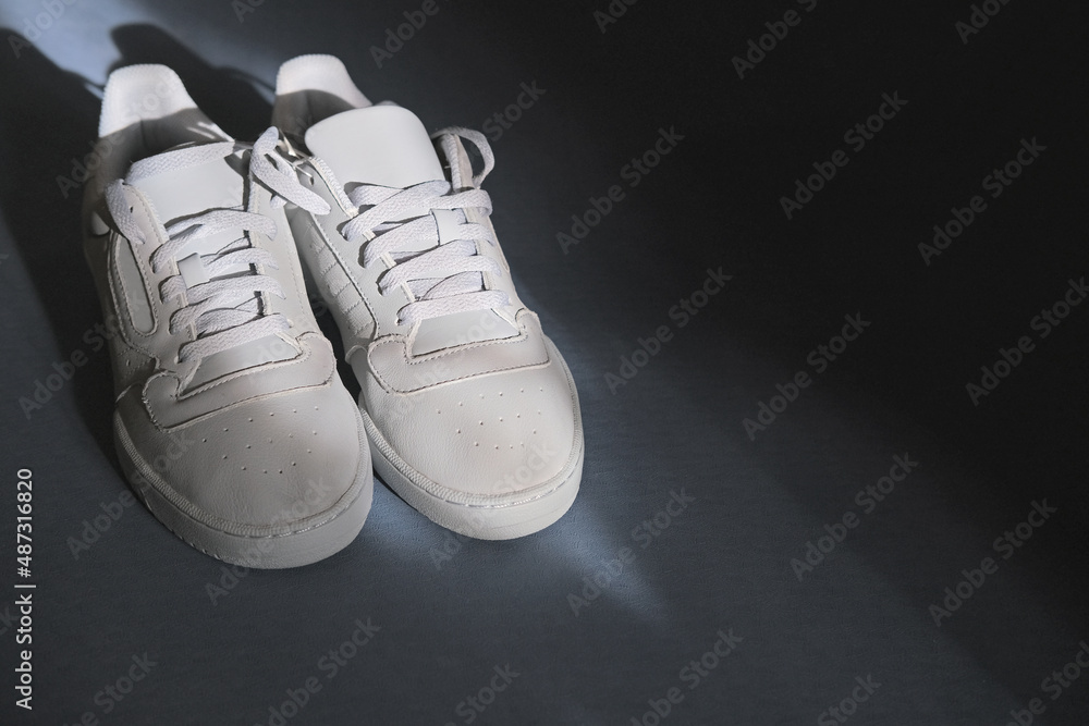 A pair of sports light sneakers stands on a fitness mat in the shade and in the rays of the sun A pair of sports light sneakers stands on a fitness mat in the shade and in the rays of the sun