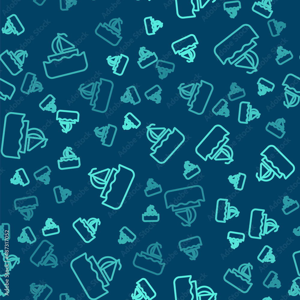 Green line Yacht sailboat or sailing ship icon isolated seamless pattern on blue background. Sail boat marine cruise travel. Vector Green line Yacht sailboat or sailing ship icon isolated seamless pattern on blue background. Sail boat marine cruise travel. Vector