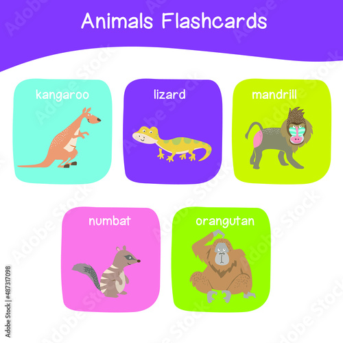 Fototapeta Naklejka Na Ścianę i Meble -  Cute animal names flashcards for school. Practicing to learning animals name. Educational printable game cards with images using funny insect animals for kids. Printable and colourful worksheet. Vecto