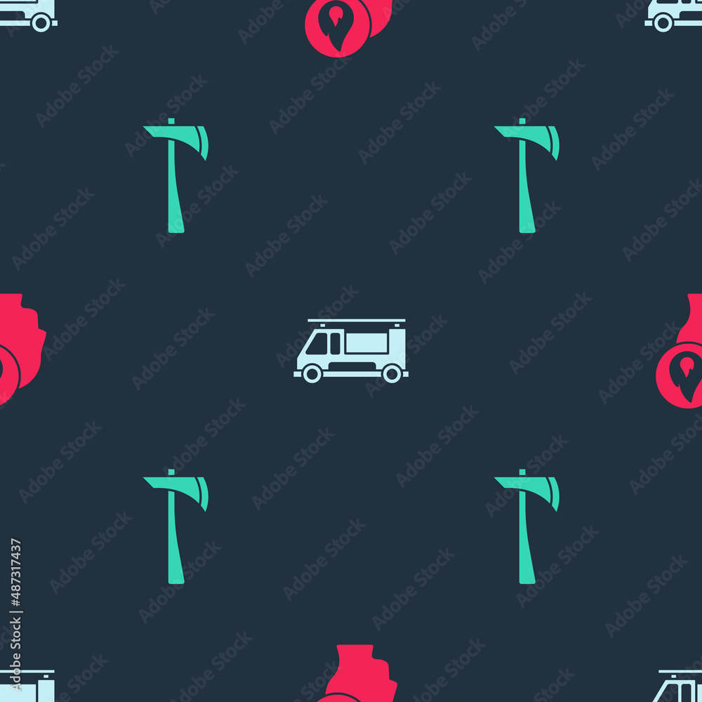 Set Firefighter, truck and axe on seamless pattern. Vector Set Firefighter, truck and axe on seamless pattern. Vector