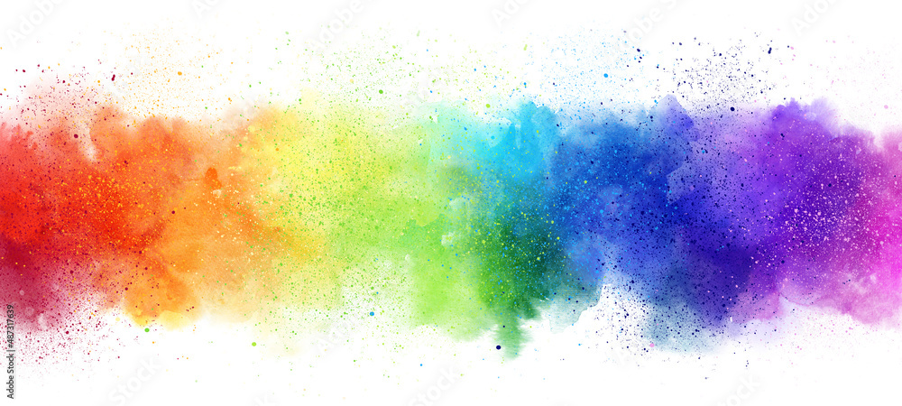 Rainbow watercolor banner background on white. Pure vibrant watercolor colors. Creative paint gradients, fluids, splashes, spray and stains. Abstract  background.