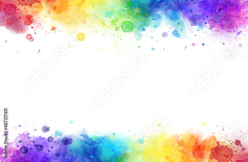 Rainbow watercolor frame  background on white. Pure vibrant watercolor colors. Creative paint gradients, splashes and stains. Abstract creative design frame