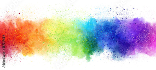 Rainbow watercolor banner background on white. Pure vibrant watercolor colors. Creative paint gradients, fluids, splashes, spray and stains. Abstract background.