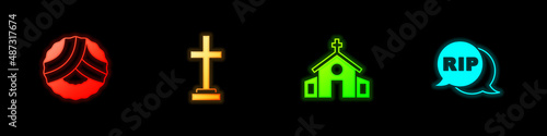 Set Memorial wreath, Grave with cross, Church building and Speech bubble rip death icon. Vector