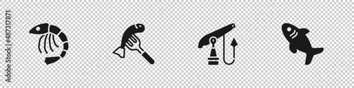 Set Shrimp, Served fish on a plate, Fishing harpoon and Shark icon. Vector