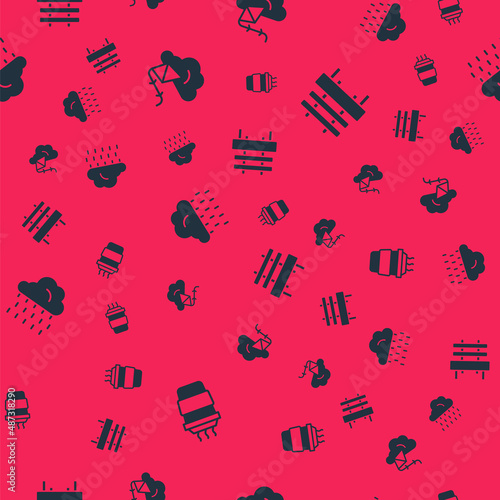 Set Coffee cup to go, Kite, Cloud with rain and Bench on seamless pattern. Vector