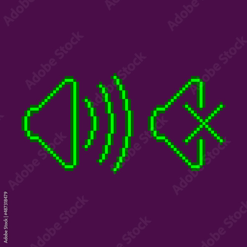 colorful simple vector flat pixel art set of two neon green symbols of on and off mute © George_Chairborn