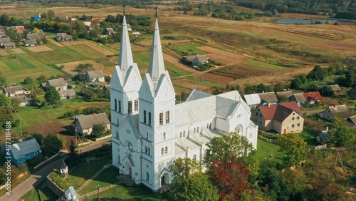 Slobodka, Braslaw District, Vitebsk Voblast, Belarus. Aerial View Of Potsekh Lake Near Slobodka Village. Church of Divine Providence.