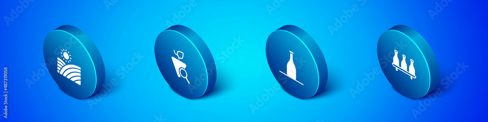 Set Isometric Vineyard wine grapes, Bottle of, and Grapes icon. Vector Set Isometric Vineyard wine grapes, Bottle of, and Grapes icon. Vector