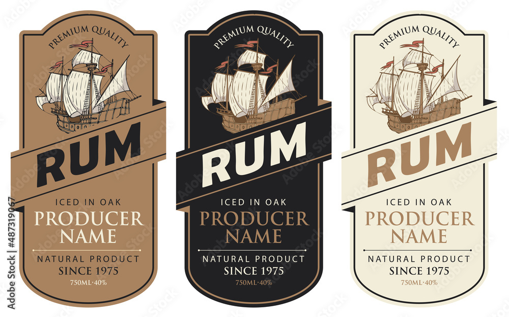 Set of three vector labels for rum in a figured frames with old sailing ships and inscriptions in retro style. Collection of strong alcoholic beverages. Premium quality, iced in oak - obrazy, fototapety, plakaty 