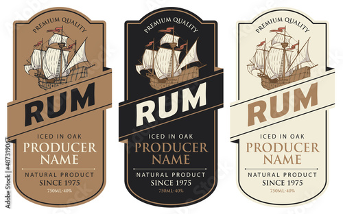 Obraz na plátně Set of three vector labels for rum in a figured frames with old sailing ships and inscriptions in retro style