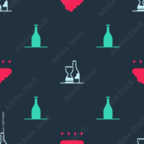 Set Cloud with rain, Bottle of wine and on seamless pattern. Vector