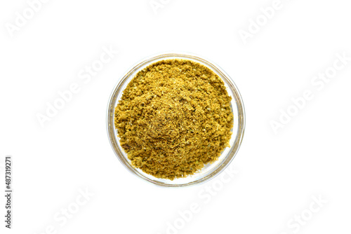 Series, spices on a white background, isolate, in different angles. Red, orange, bright suneli hops in a bowl