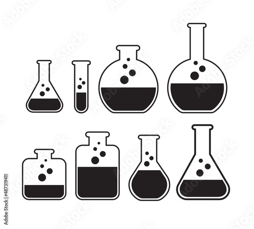 set of laboratory filled with liquid. chemistry flasks