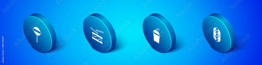 Set Isometric Lollipop, Paper glass with water, Hotdog sandwich and Drum drum sticks icon. Vector Set Isometric Lollipop, Paper glass with water, Hotdog sandwich and Drum drum sticks icon. Vector