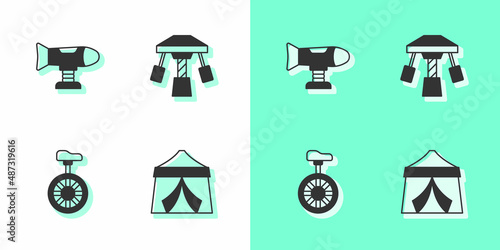 Set Circus tent, Swing plane, Unicycle or one wheel bicycle and Attraction carousel icon. Vector