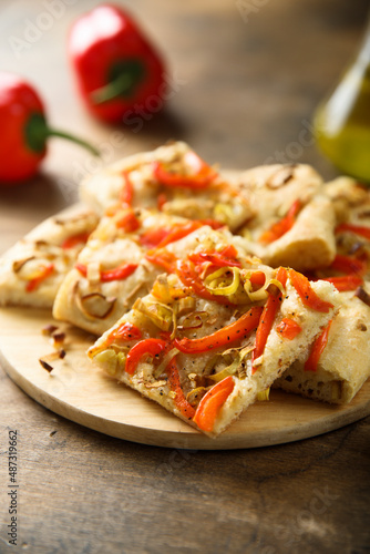 Traditional homemade focaccia bread with red pepper