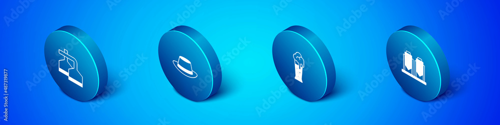 Set Isometric Beer brewing process, Glass of beer, and Oktoberfest hat icon. Vector Set Isometric Beer brewing process, Glass of beer, and Oktoberfest hat icon. Vector