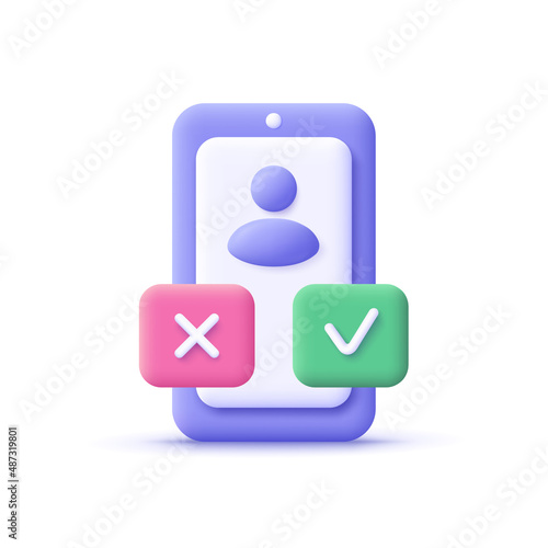 Smartphone with check mark and cross mark. Dating, recruitment, survey, choice, online test, internet quiz, yes and no, voting concept. 3d vector icon. Cartoon minimal style.