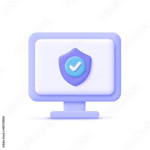 Laptop computer with security shield symbol. Data protection, internet security concept. 3d vector icon. Cartoon minimal style.