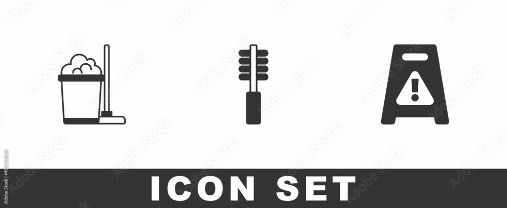 Set Mop and bucket, Toilet brush and Wet floor icon. Vector Set Mop and bucket, Toilet brush and Wet floor icon. Vector