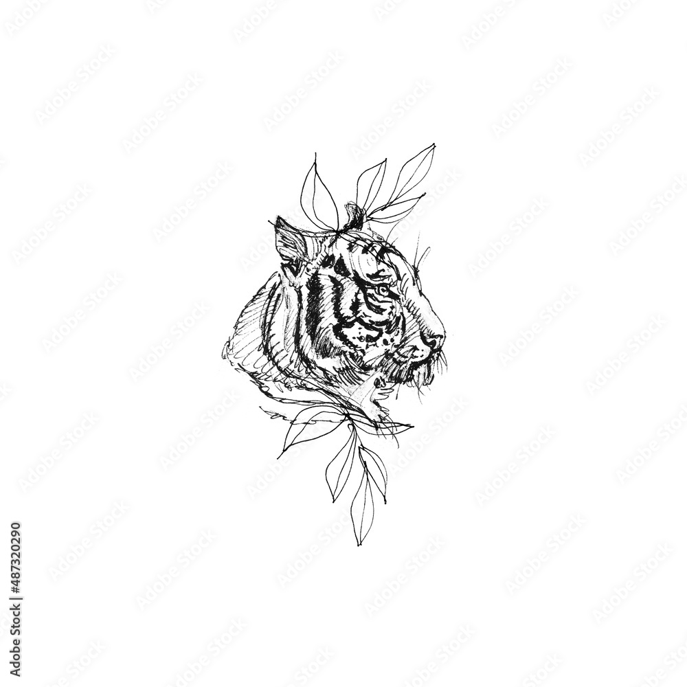 Tiger's head decorated with branches and leaves in a linear style, for the design of postcards, posters and other printed products. Tiger's head decorated with branches and leaves in a linear style, for the design of postcards, posters and other printed products.