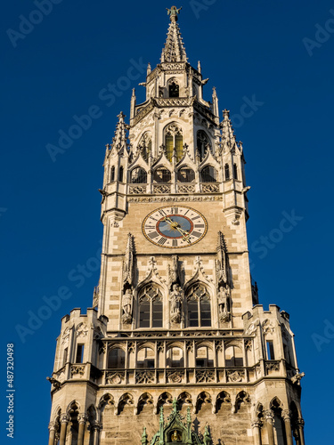 Munich town hall detail in the sun against blue sky. Marienplatz © Enrico Buss