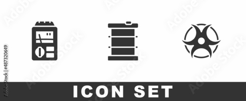 Set Dosimeter, Radioactive waste in barrel and Biohazard symbol icon. Vector