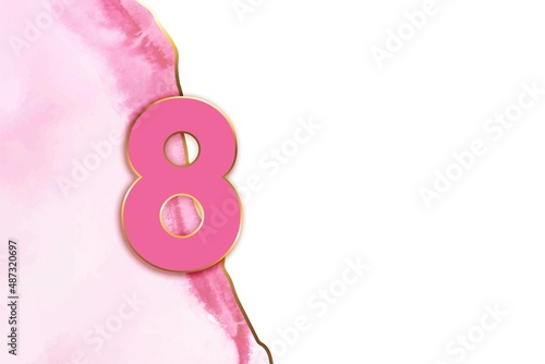 8 march greeting card, web cite banner, shop sale, voucher template. Pink watercolor background.