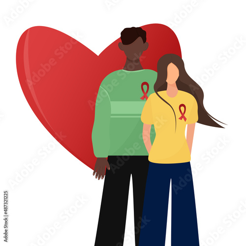 black man and a white woman with red ribbons on their chests. Worlds AIDS Day. Vector Illustration in a flat style